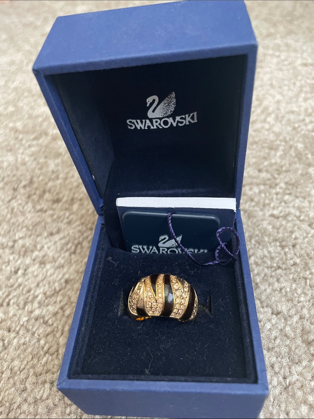 Swarovski Gold Dome Ring with Black Enamel and Pavé Crystals